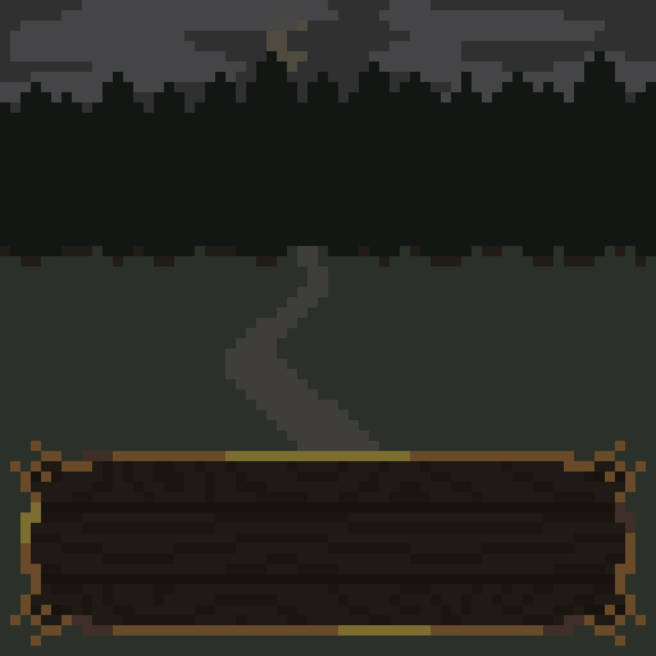 An immage of a winding path at night going into a forrest. there is a text box on the immage